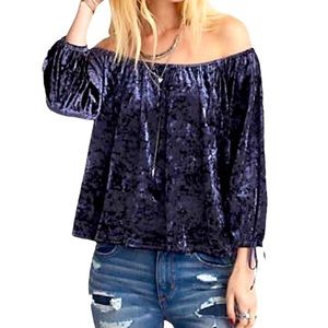 American Eagle Outfitters Blue Boho Crushed Velvet Off-Shoulder Top